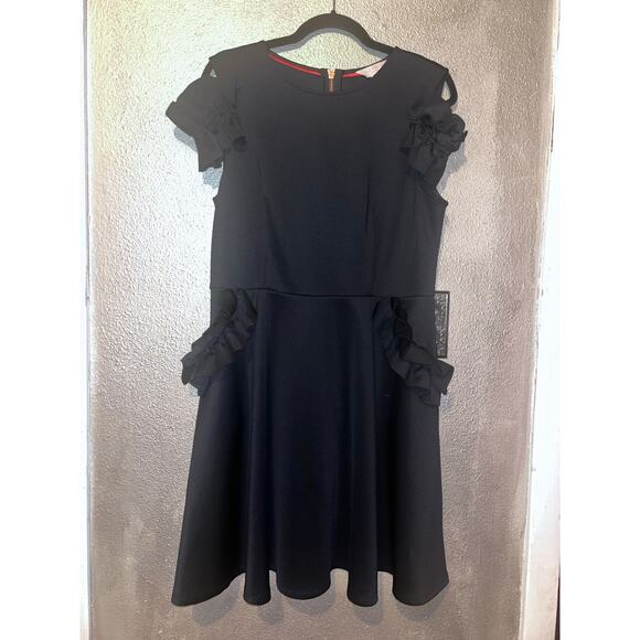 Ted Baker Deneese Black Skater Dress Sz 10 Ruffle Sleeves Pockets Rose Gold Zip - Picture 15 of 16